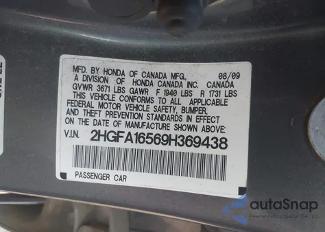 2009 Honda Civic Lx z USA, uszkodzony, nr VIN 2HGFA16569H369438